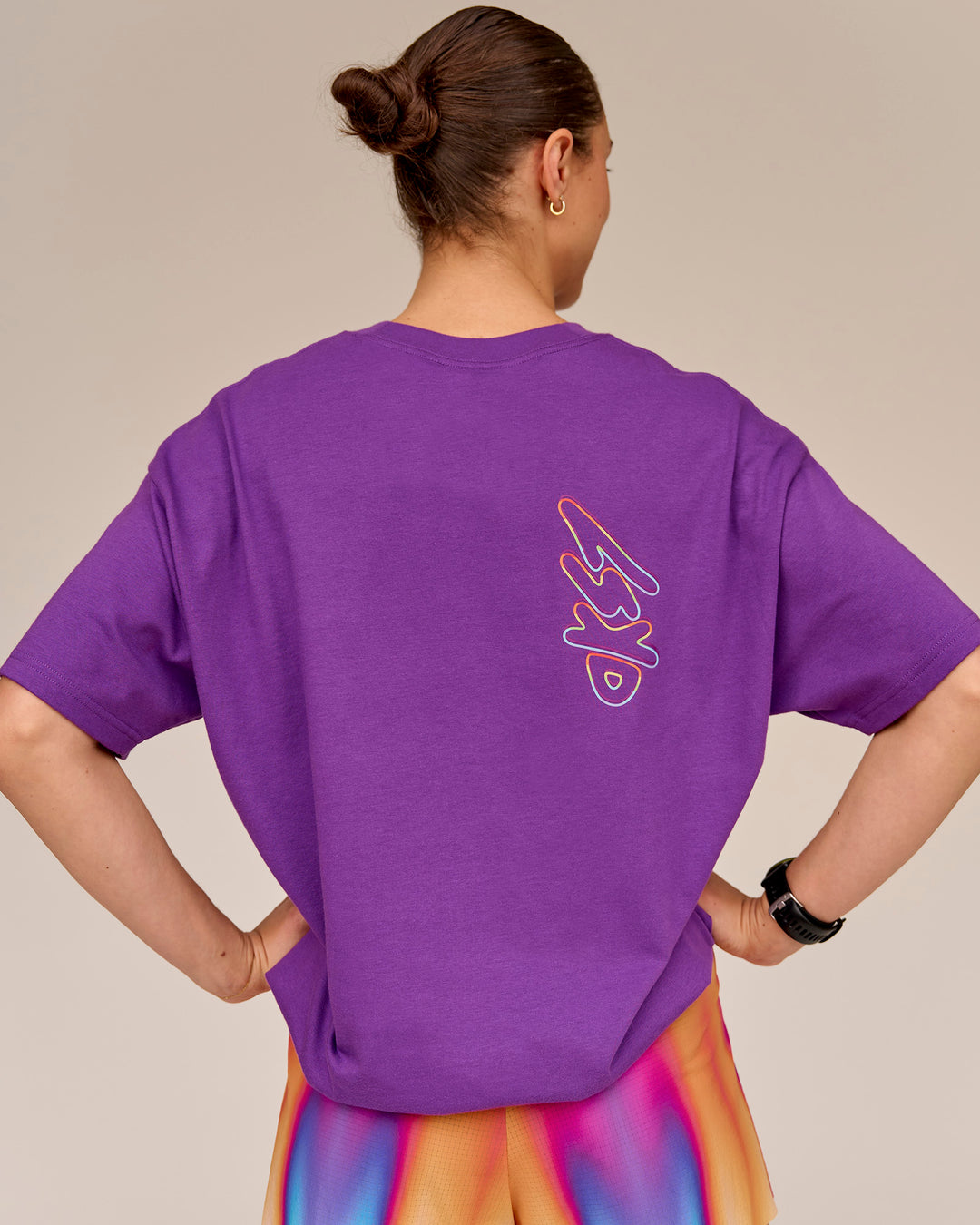 Woman wearing Pride Sticker Boxy Tee - Fresh Purple - view 2