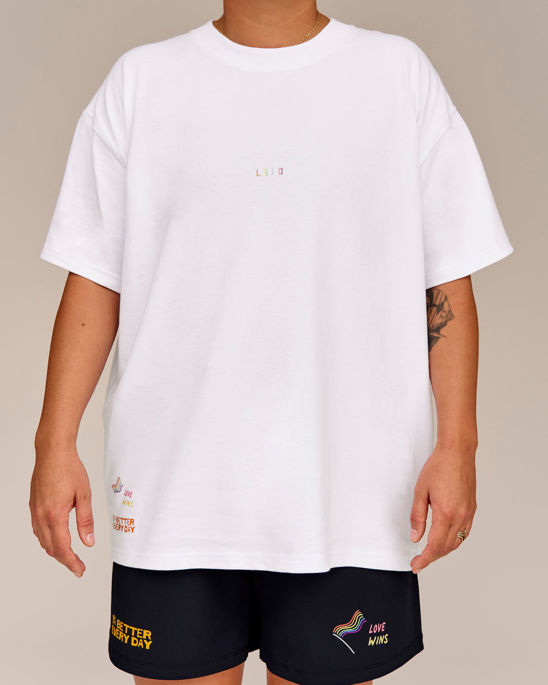 Man wearing Pride Sticker Boxy Tee - White - view 2