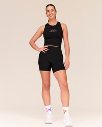 Woman wearing Flow Graphic Performance Tank 2.0 - Black-Radiate | Thumbnail Index: 3