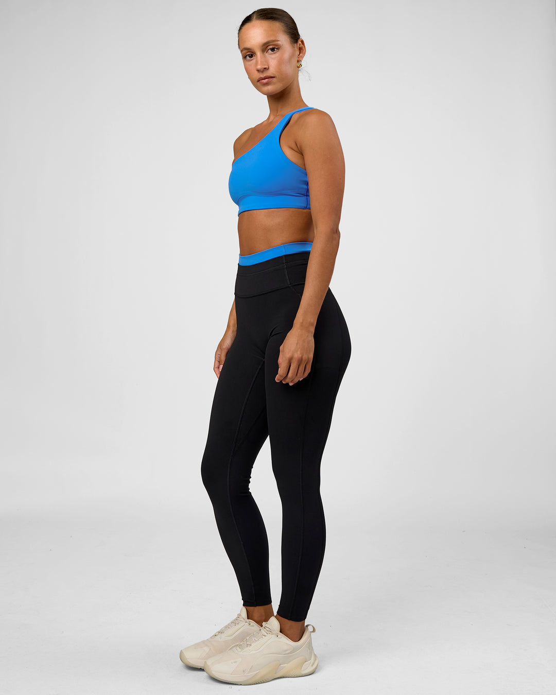 Woman wearing Liberate High-Rise Full Length Legging Pockets - Black-Palace Blue | Model:Brylee | Size:XS - view 3