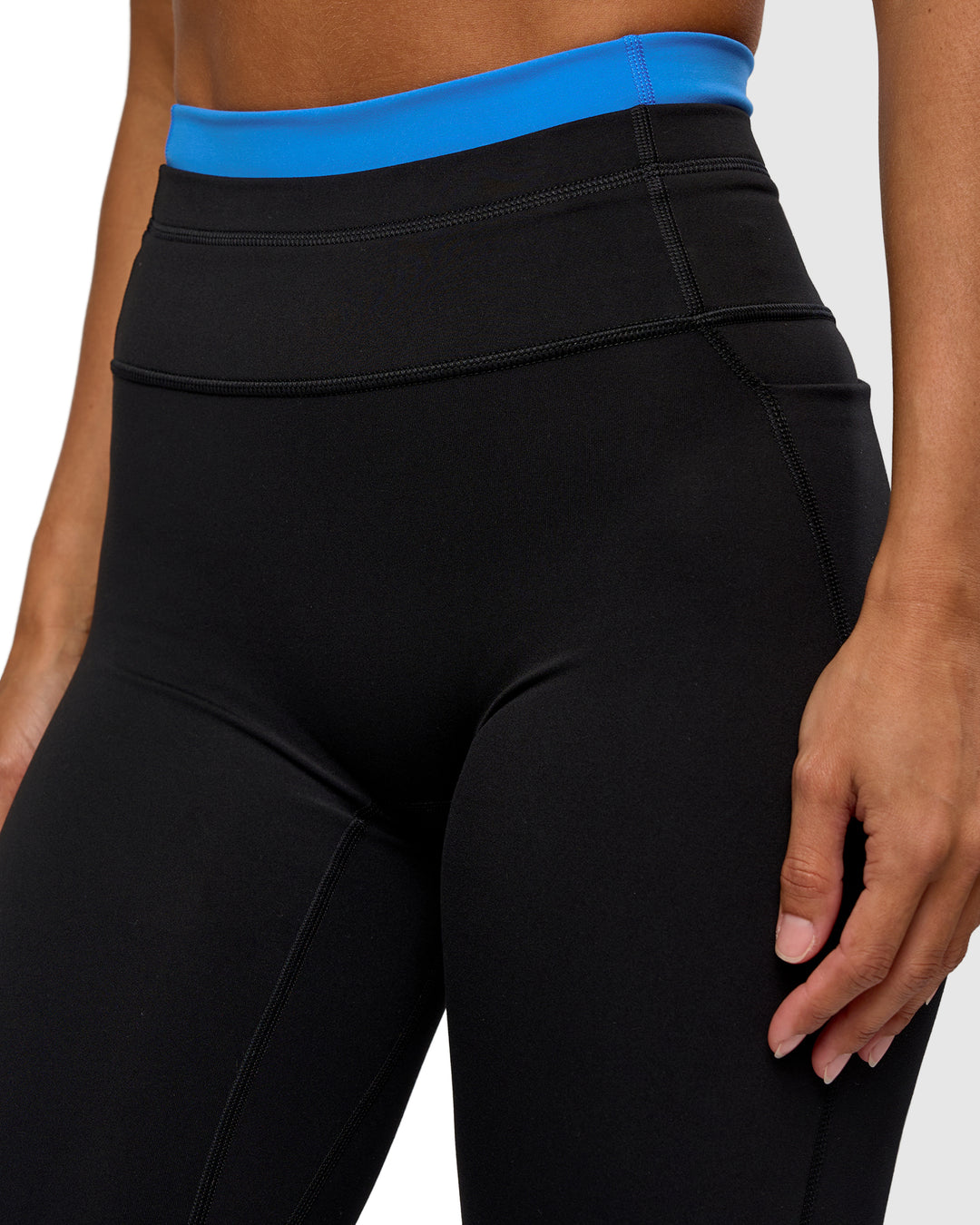 Woman wearing Liberate High-Rise Full Length Legging Pockets - Black-Palace Blue | Model:Brylee | Size:XS - view 2