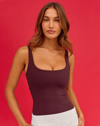 Woman wearing Twist Square Neck Shelf Bra Tank in Cherry Lacquer | Thumbnail Index: 6