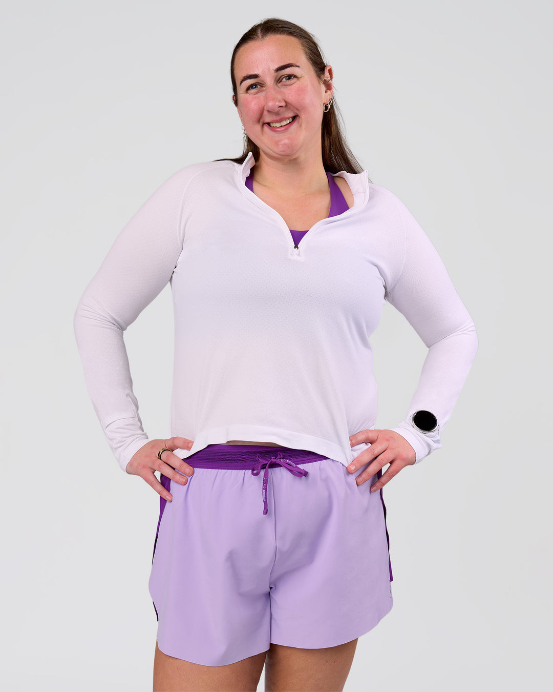 Woman wearing Accelerate 3" High-Rise Running Short - Chloe Purple | Model:Chloe | Size:3XL - view 5