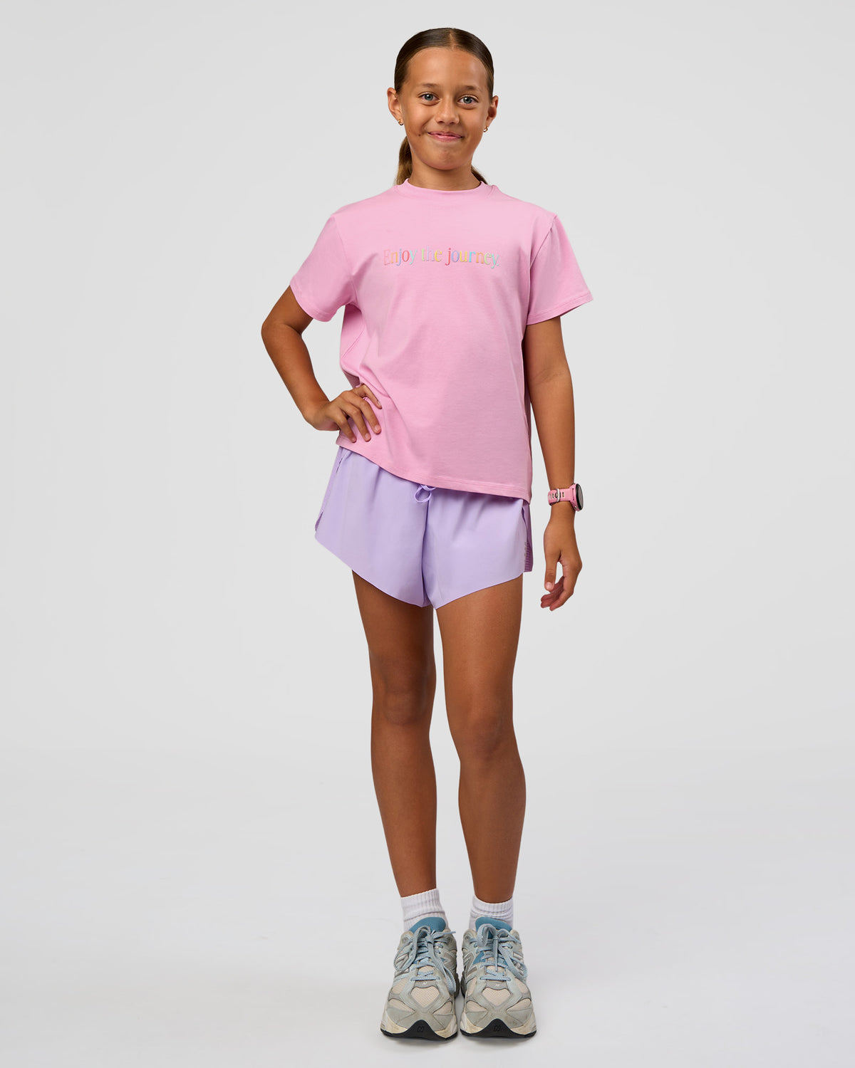 Kid wearing Kids Enjoy the Journey FLXCotton Tee - Bubblegum | Model:Jayla | Size:10