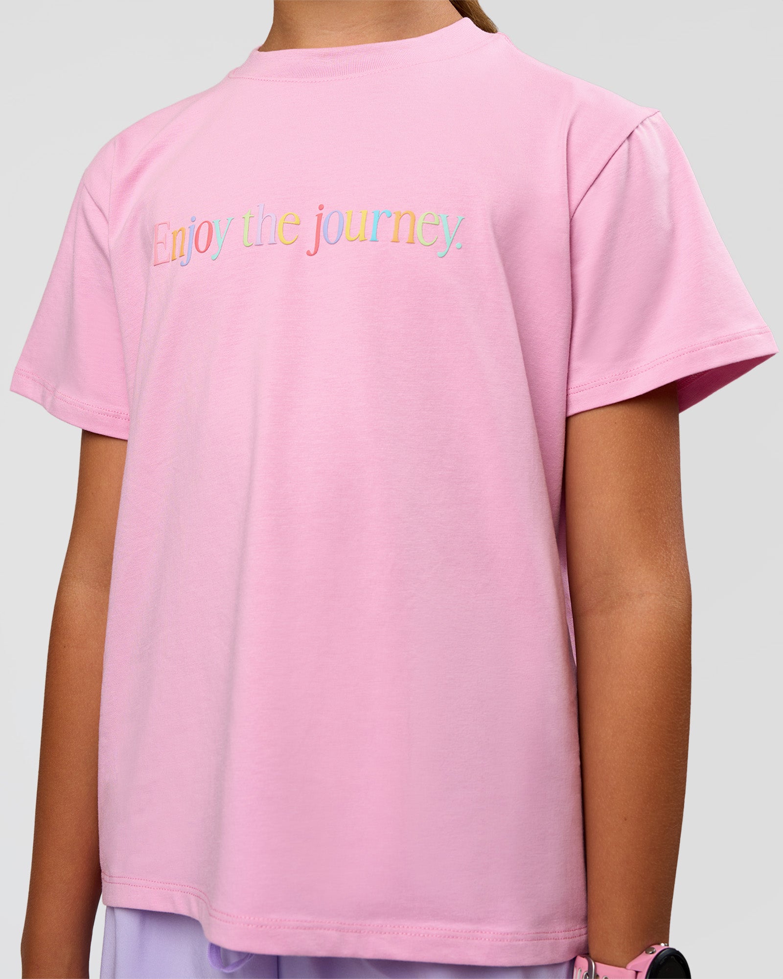 Kid wearing Kids Enjoy the Journey FLXCotton Tee - Bubblegum | Model:Jayla | Size:10