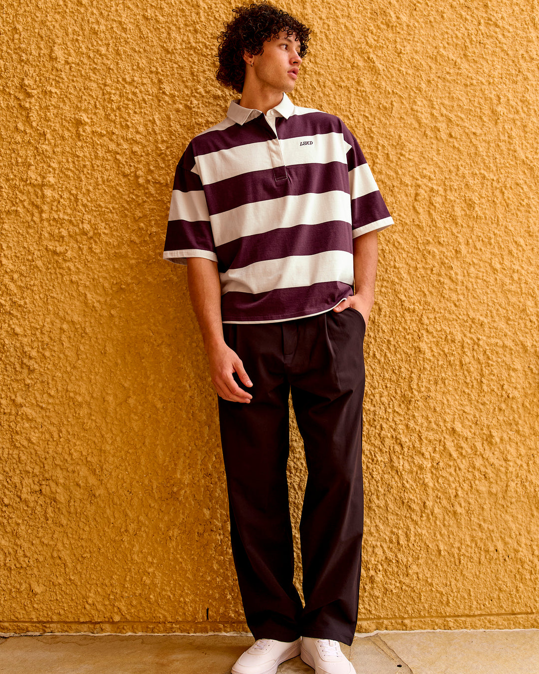 
Man wearing Oversized Rugby Polo - Off White-Cherry | Model:Malebo | Size:M - view 9
