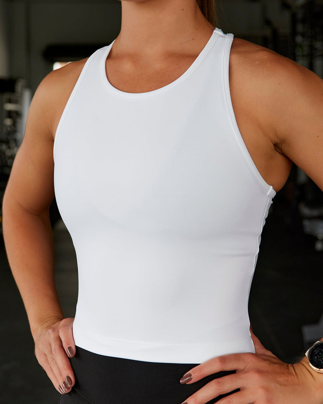 Woman wearing Flow Performance Tank - White - view 1