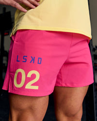 Man wearing Pace 5" Lined Running Short - Game Plan Ultra Pink | Thumbnail Index: 0