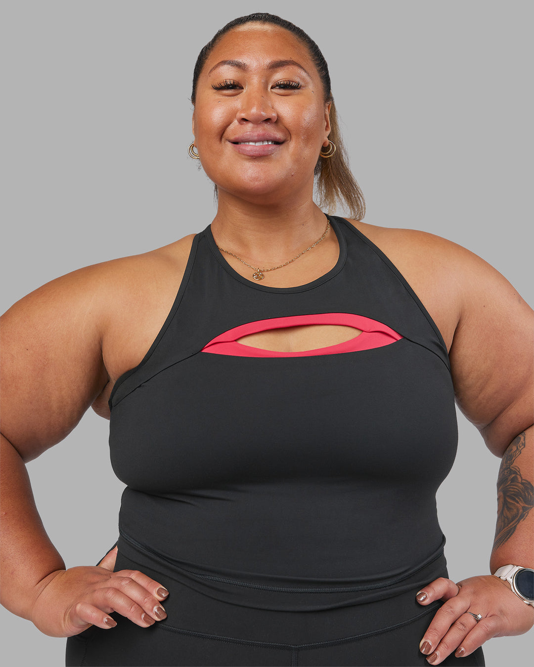 Woman wearing Be Bold Performance Tank - Black | Model:Lilz | Size:2XL - view 4
