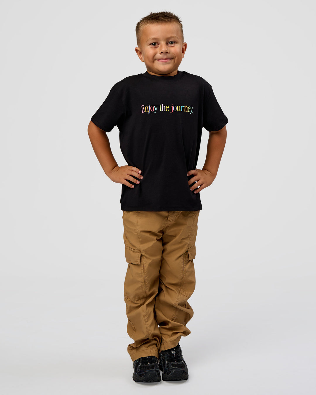 Kid wearing Kid wearing Kids Enjoy the Journey FLXCotton Tee - Bubblegum | Model:Jax | Size:6 - view 4