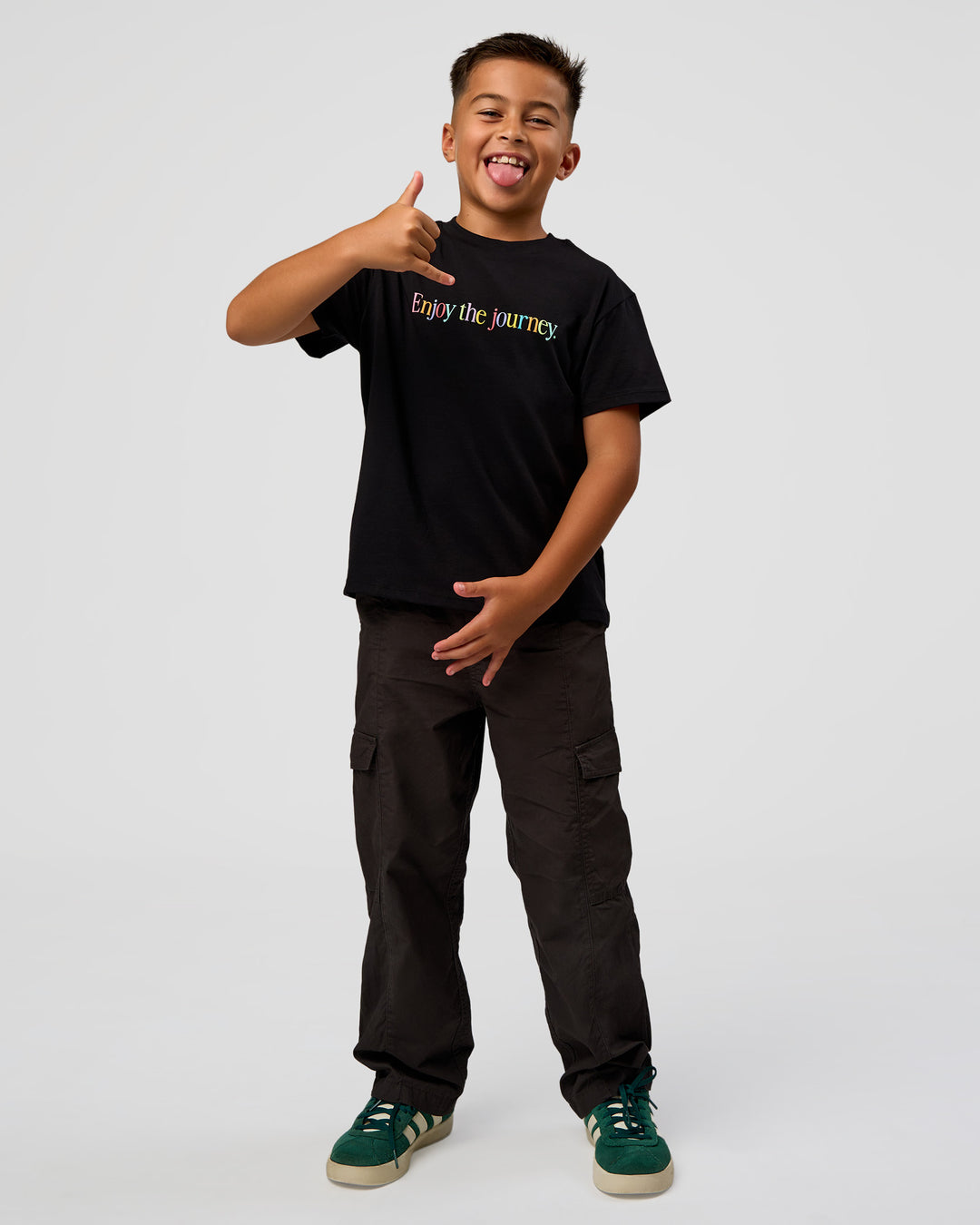 Kid wearing Kid wearing Kids Enjoy the Journey FLXCotton Tee - Bubblegum | Model:Jax | Size:8 - view 1