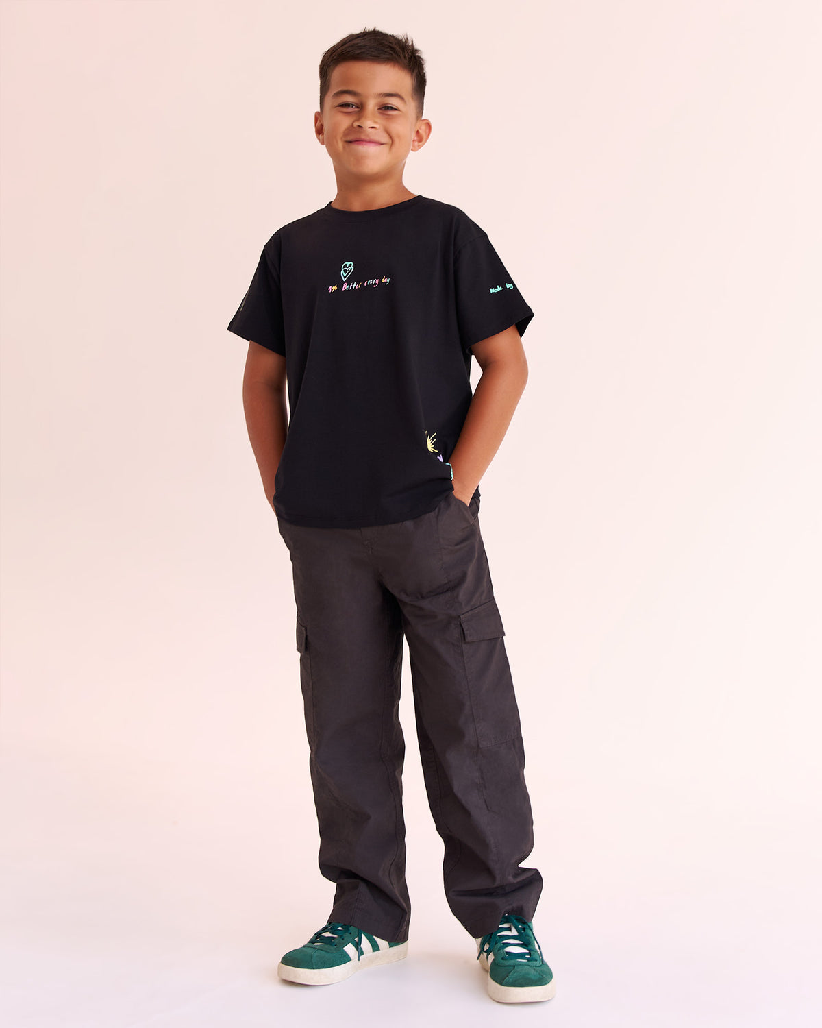 Child wearing Mother's Day Mini Me Kids FLXCotton Tee  - Black | Model:Jude | Size:8