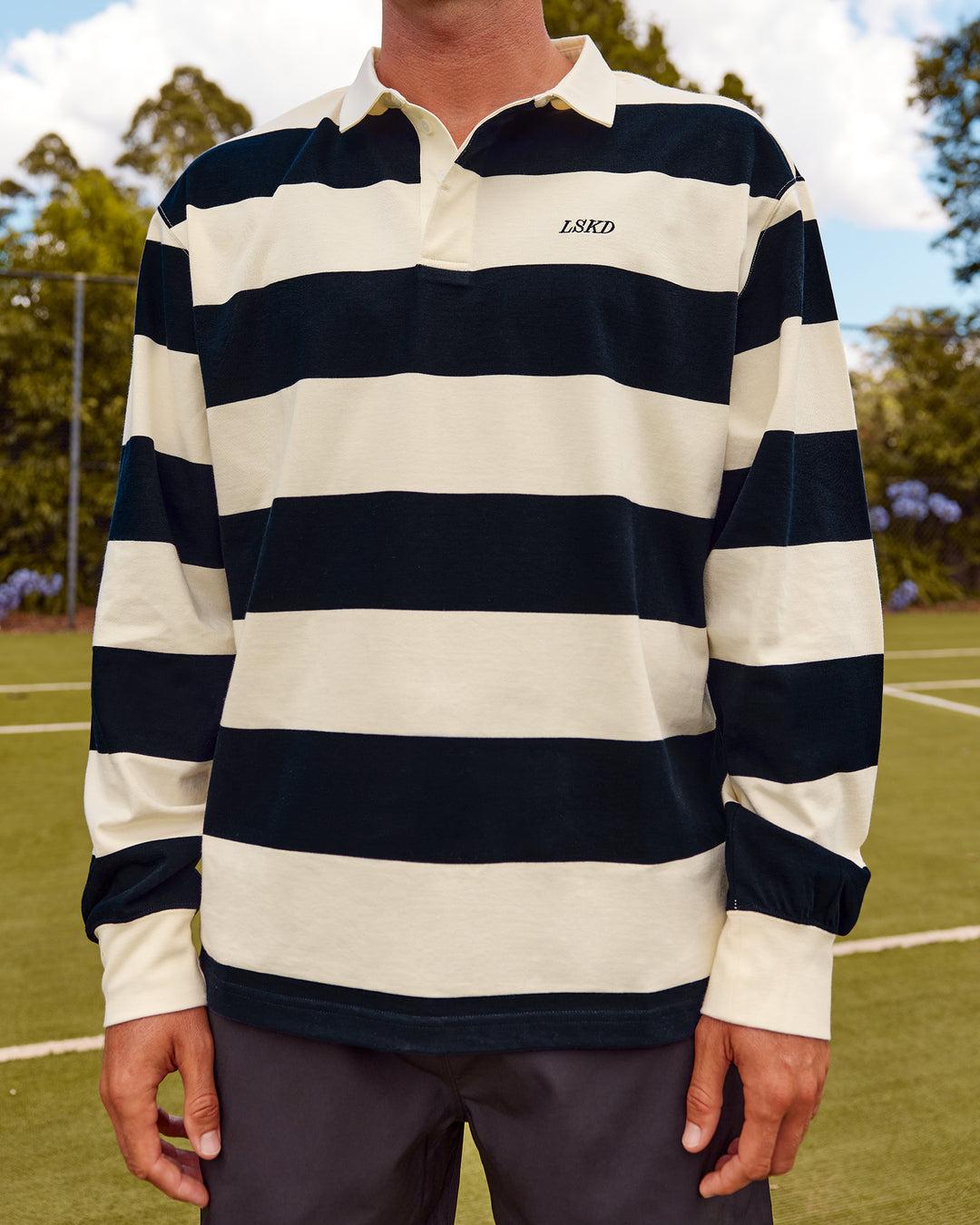 Man wearing Clubhouse Unisex Rugby Polo - Future Navy-Off White | Model:Tom | Size:XL - view 2