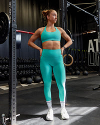 Woman wearing Fusion Ultra High-Rise Full Length Legging Pockets - Turquoise Tide | Model:Bronte | Size:S | Thumbnail Index: 1