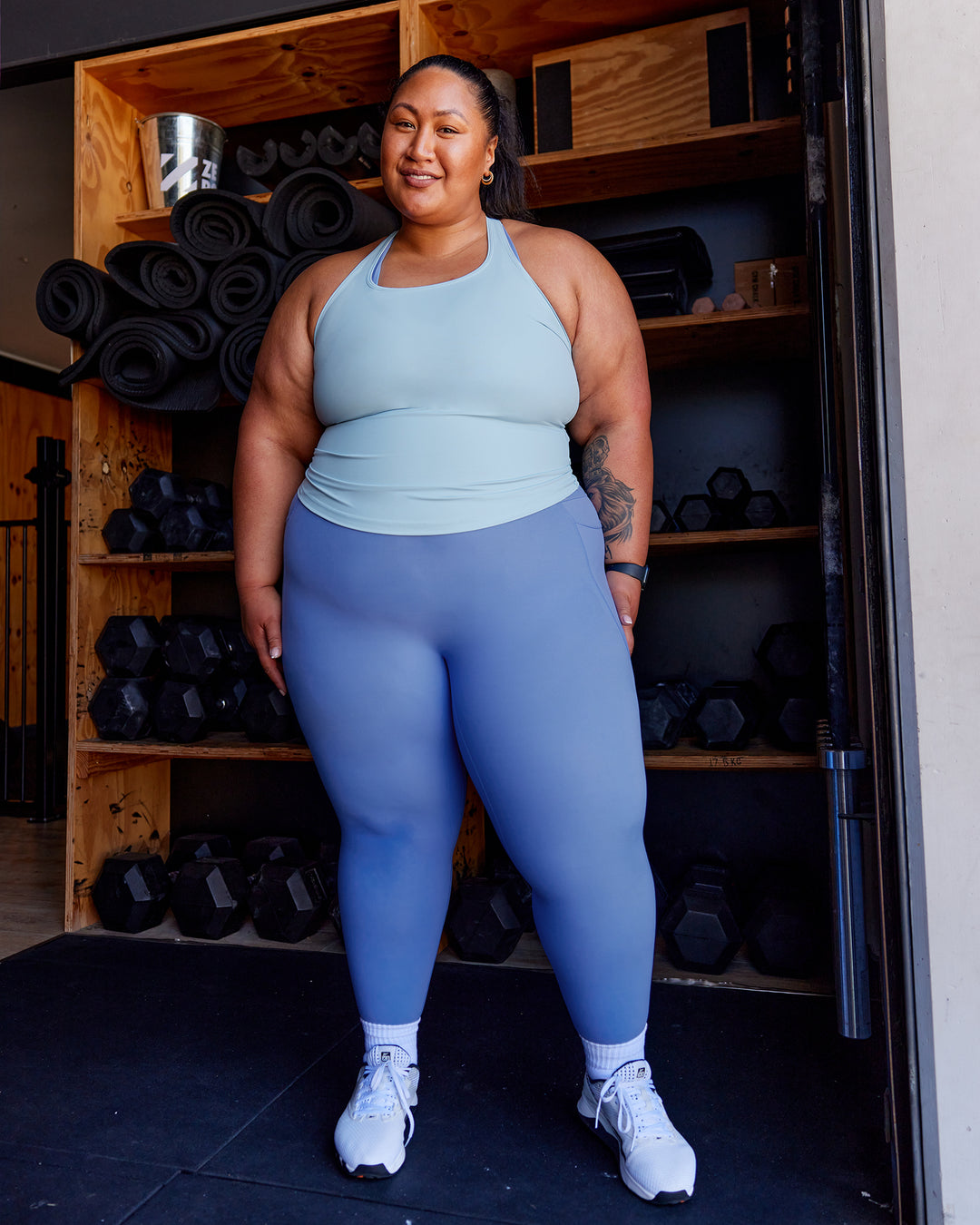 Woman wearing Lift Performance Tank - Glacial Blue - view 3