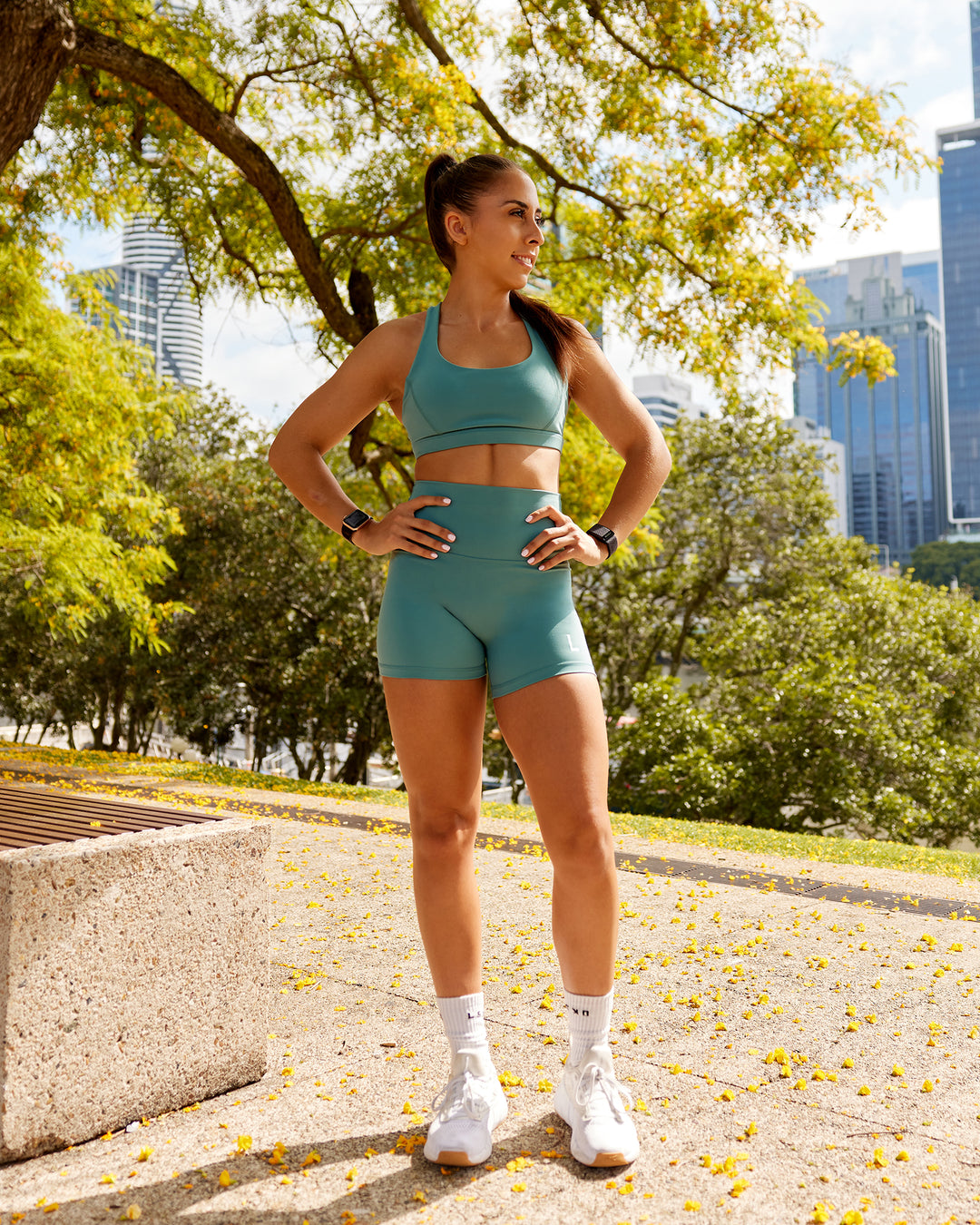 Woman wearing Precision Sports Bra - Sagebrush - view 5