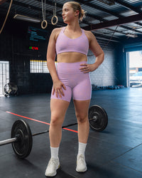 Woman wearing Push The Limit Sports Bra - Pale Lilac Vitality Print | Thumbnail Index: 0