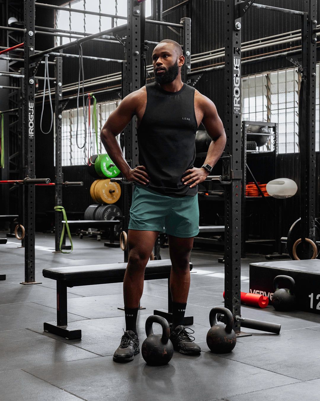 Man wearing Rep 5" Performance Shorts - Sage Bush - view 2