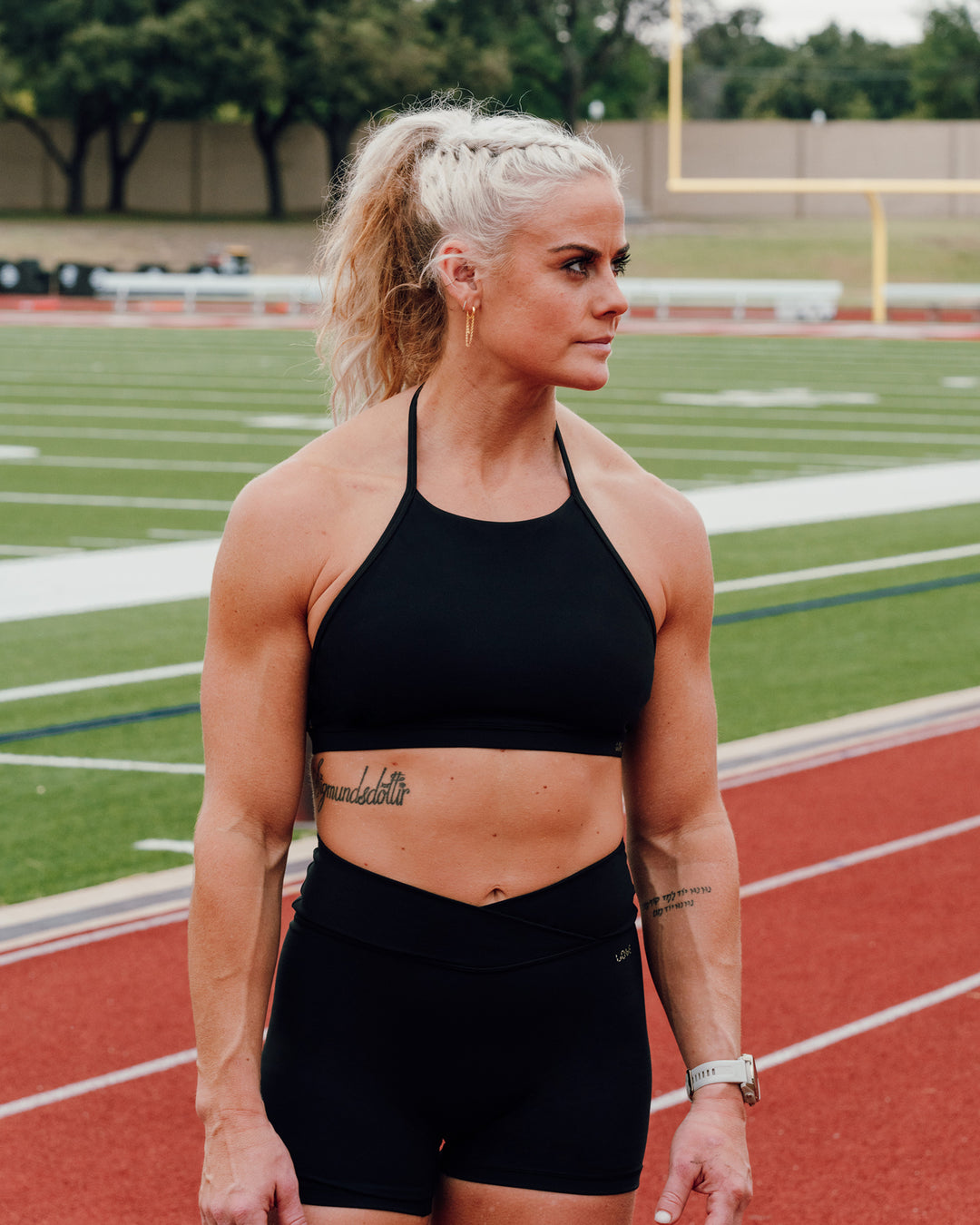 Woman wearing Sara Ares High Neck Sports Bra - Black - view 5