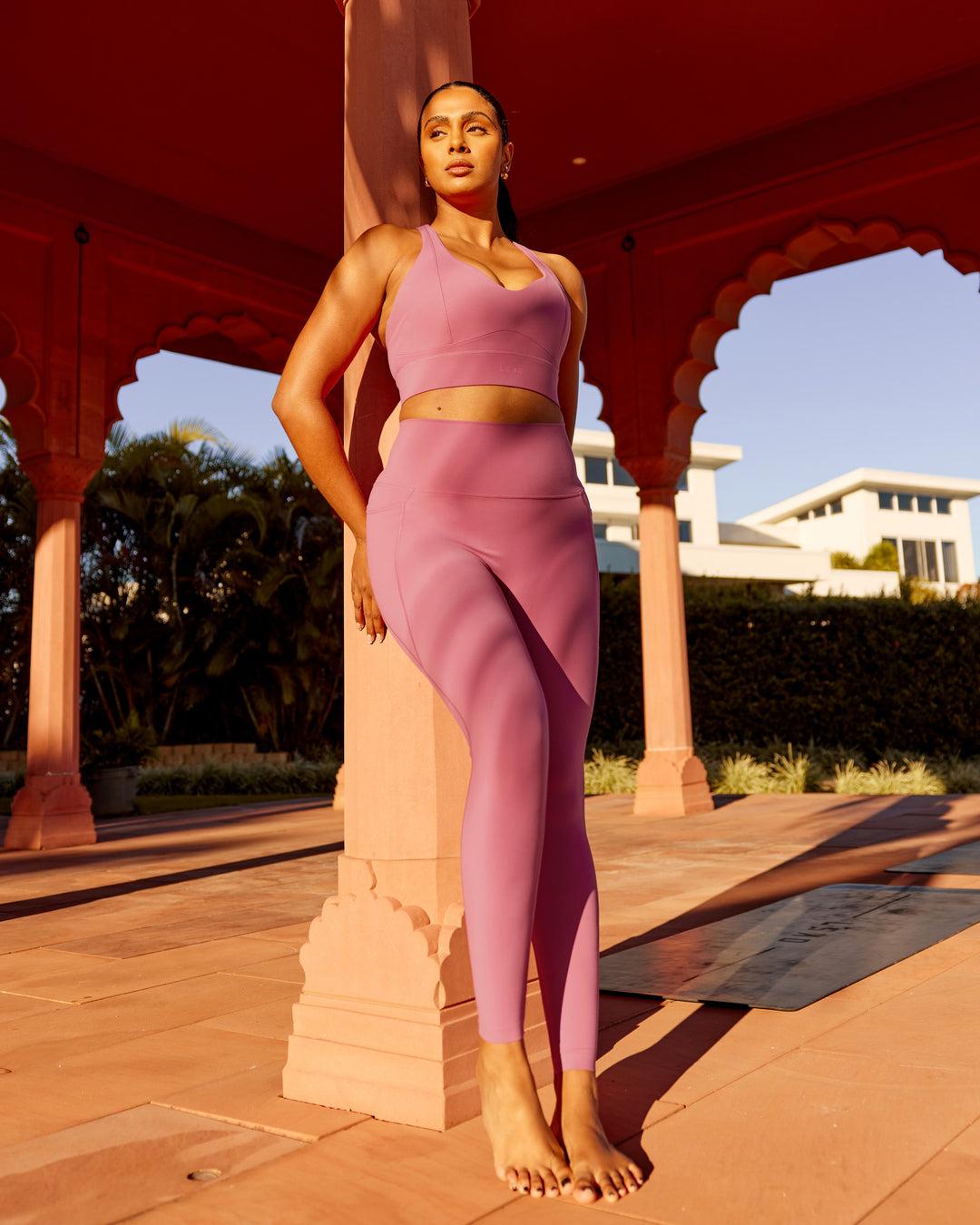 Woman wearing Sculpt Sports Bra - Mauve Haze - view 3