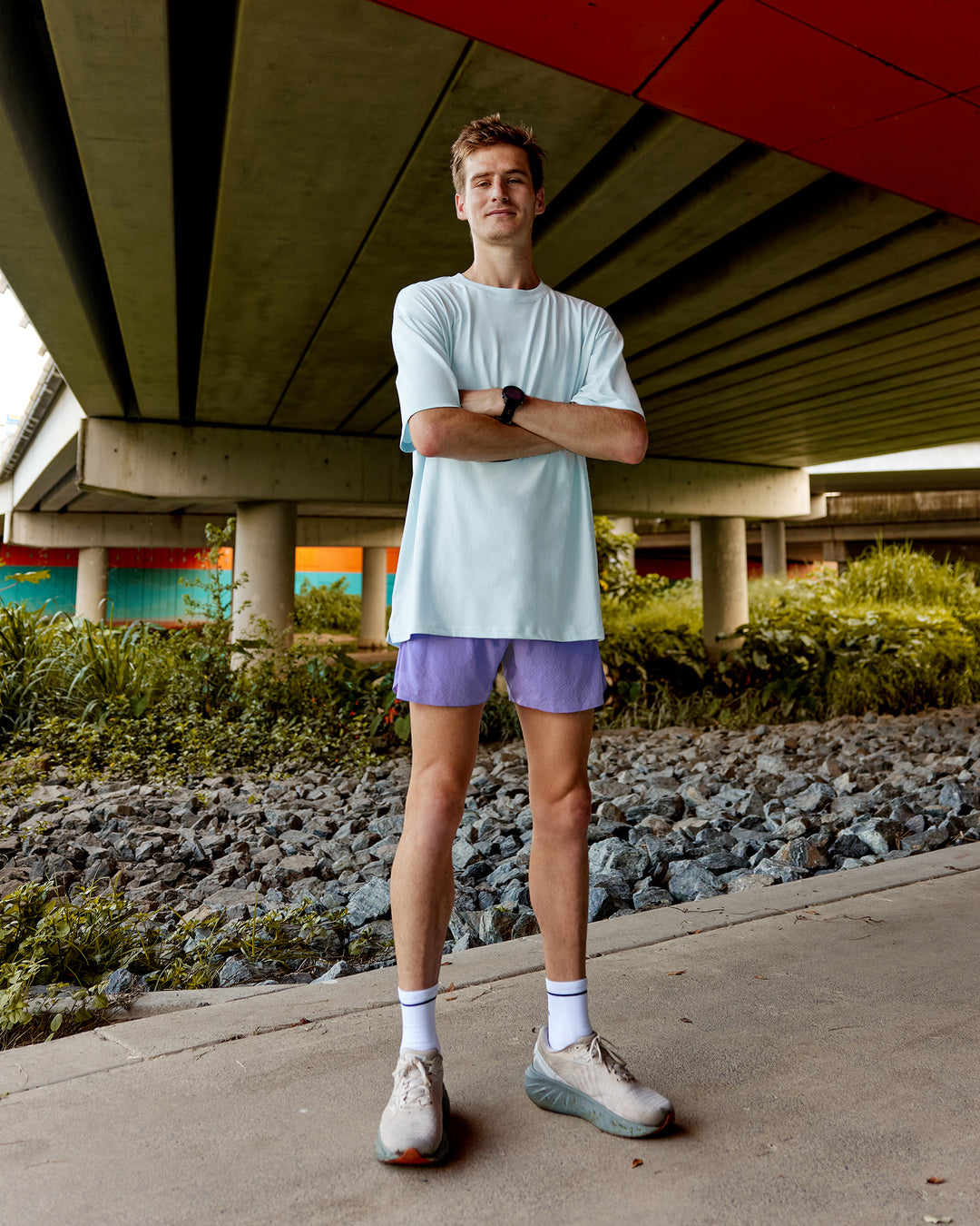 Man wearing Unisex Push Boundaries FLXCotton Tee Oversize - Light Cyan-White - view 4