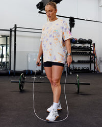 Woman wearing Unisex Washed Huntington 24 Heavyweight Tee Oversize - Tie Dye Tangerine-Dahlia Purple | Thumbnail Index: 2