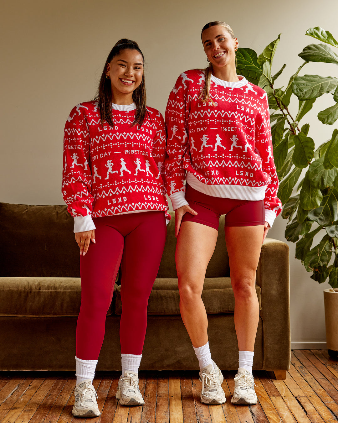 Woman wearing LSKD Christmas Knit Sweater - Cherry Red-Ivory - view 2