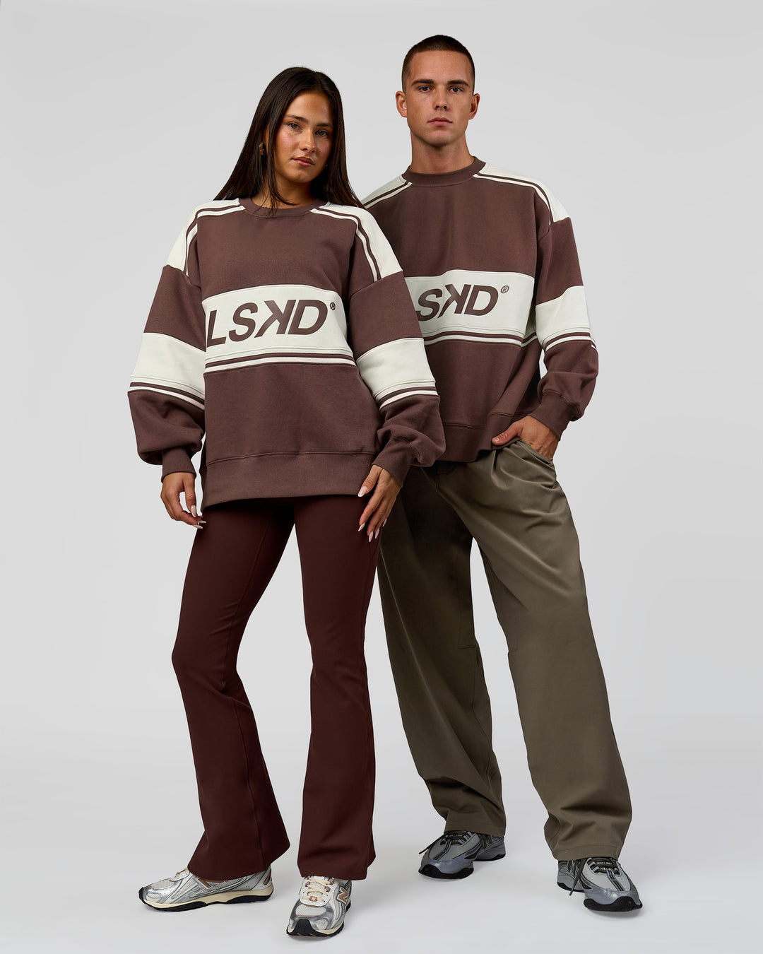 Duo wearing A-Team Sweater Oversize in Cocoa Powder-Off White | Model:Bianca | Size:XS | Model:Albert | Size: M - view 1