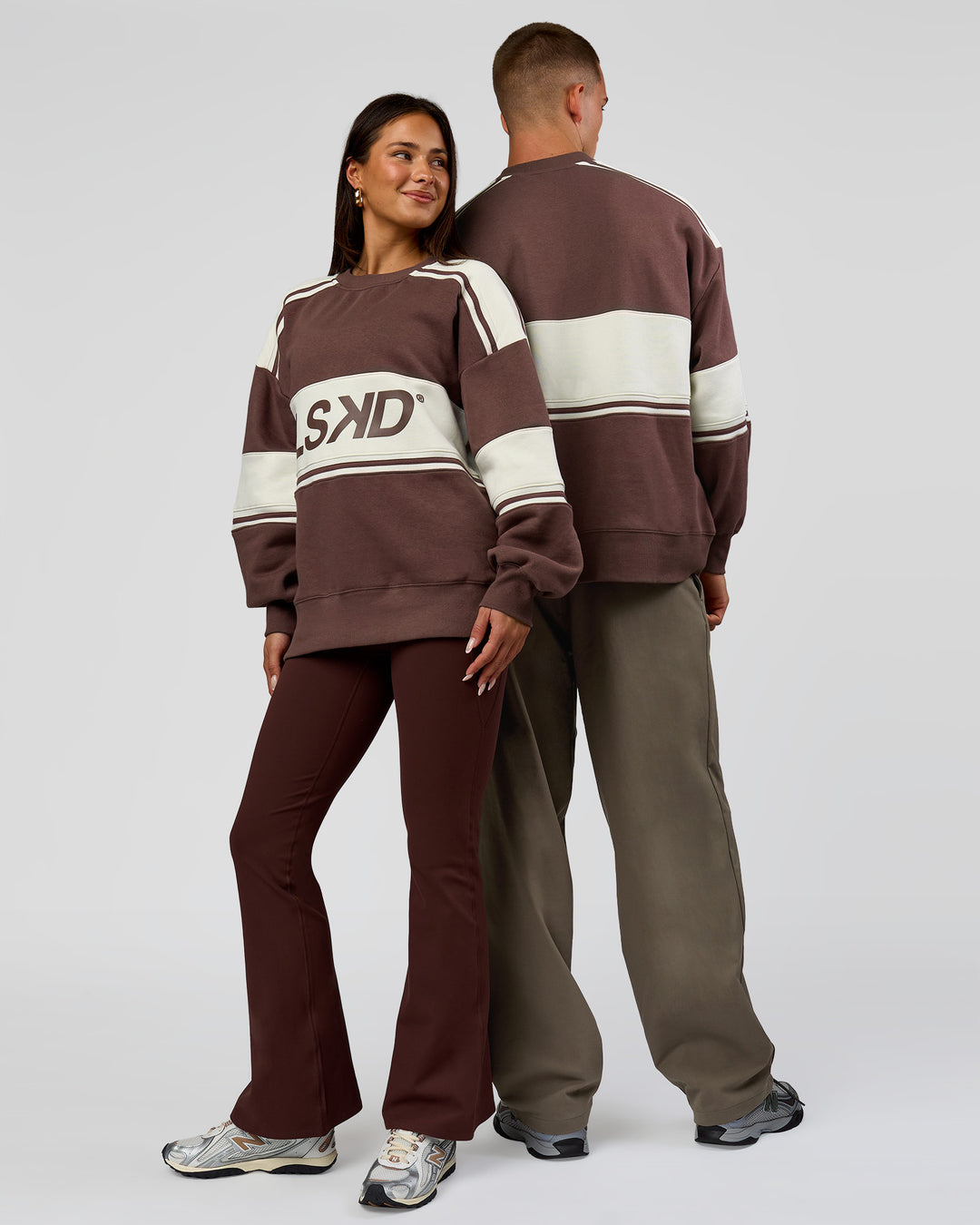 Duo wearing A-Team Sweater Oversize in Cocoa Powder-Off White | Model:Bianca | Size:XS | Model:Albert | Size: M - view 2