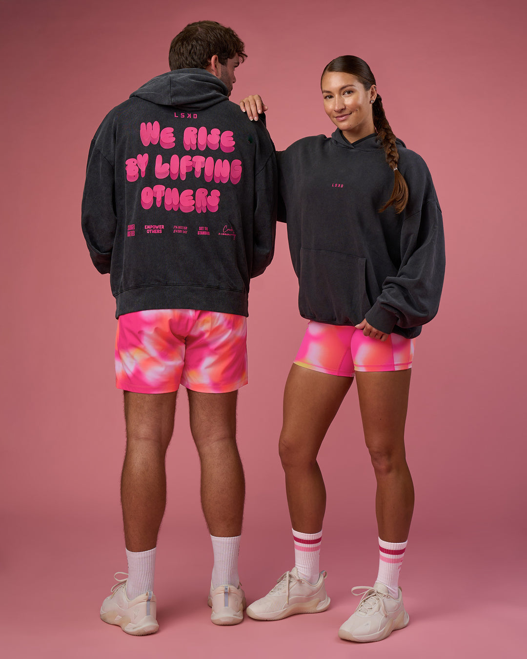 Duo wearing BCAM Washed Unisex Oversized Hoodie - Black Washed-Pink | Model:Both| Size:Duo - view 11