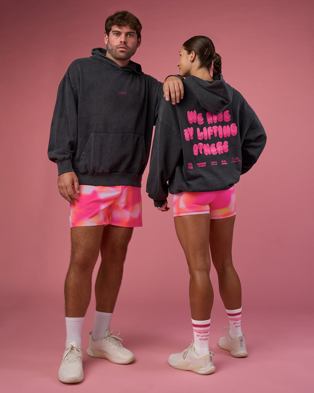 Duo wearing BCAM Washed Unisex Oversized Hoodie - Black Washed-Pink | Model:Both| Size:Duo - view 8