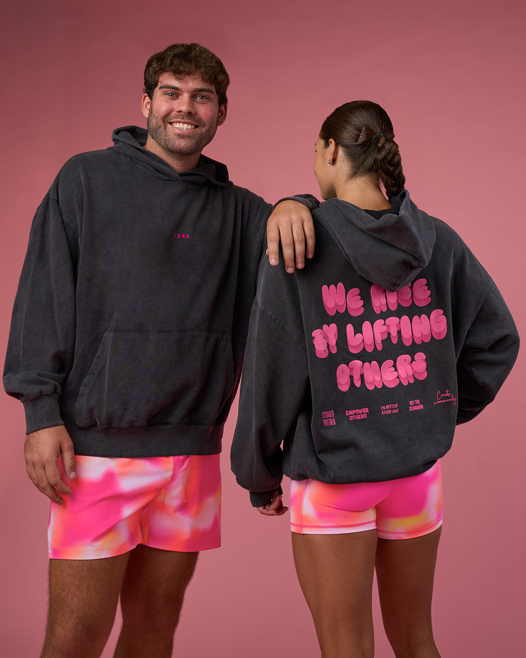 Duo wearing BCAM Washed Unisex Oversized Hoodie - Black Washed-Pink | Model:Both | Size:Duo - view 1