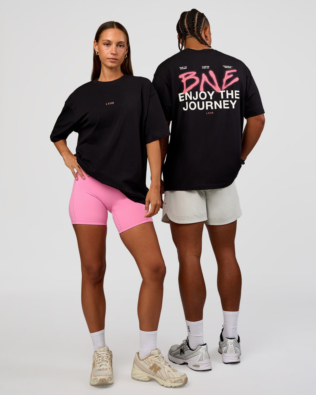 Duo wearing CFT BNE 26 FLXCotton Oversized Tee in Black | Model:Malebo | Size:M | Model:Brylee | Size:XS - view 1
