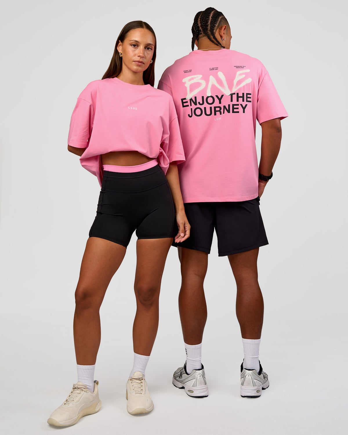 Duo wearing CFT BNE 26 FLXCotton Oversized Tee in Candy Pink | Model:Malebo | Size:M | Model:Brylee | Size:XS