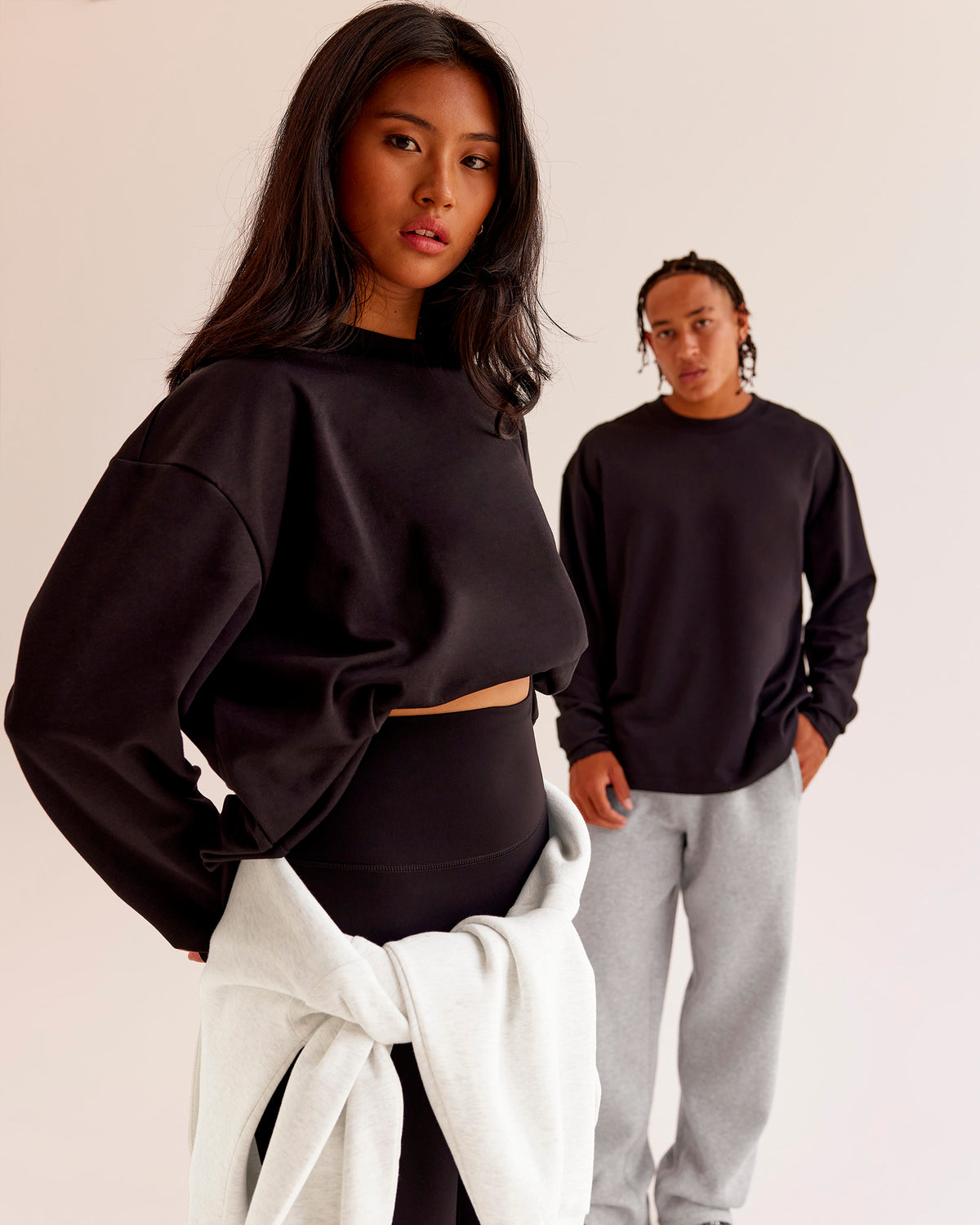 Duo wearing AfterDark ZeroCrease Long Sleeve Tee - Black | Model:Both | Size:Duo