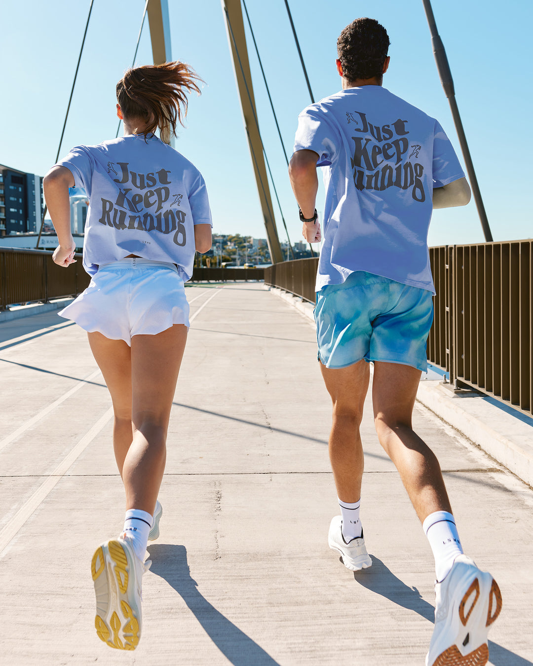 Duo wearing Just Run FLXCotton Oversized Tee - Soft Blue-Dark Storm | Model:Both | Size:Duo - view 1