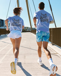 Duo wearing Just Run FLXCotton Oversized Tee - Soft Blue-Dark Storm | Model:Both | Size:Duo | Thumbnail Index: 0