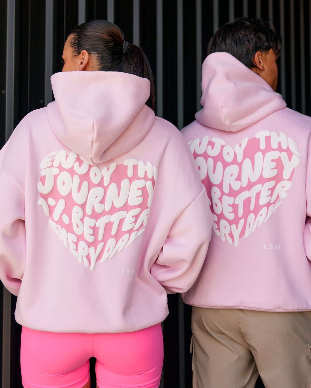Duo wearing Love The Journey Unisex Oversized Hoodie - Marshmallow-White | Model:Both | Size:Duo - view 1