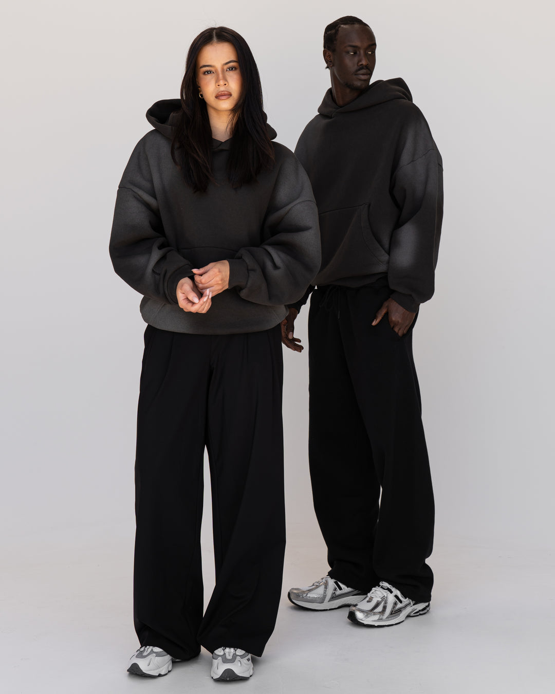 Duo wearing Memory In Motion 500gsm Ultra Heavyweight Washed Hoodie - Charcoal Washed | Model:Both | Size:Duo - view 11