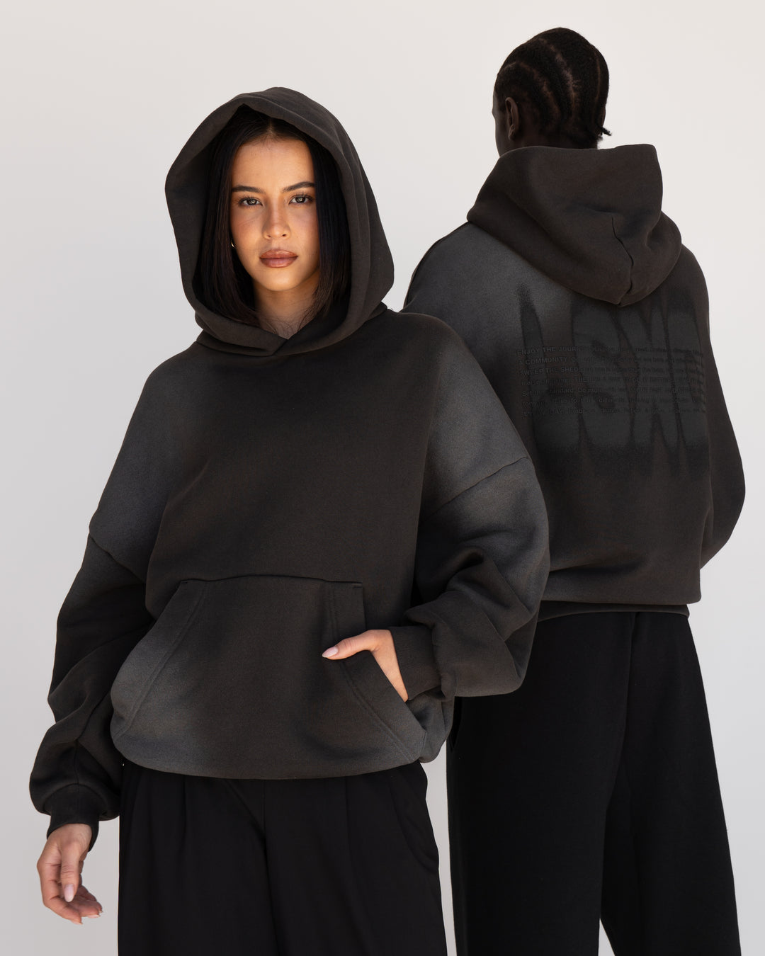 Duo wearing Memory In Motion 500gsm Ultra Heavyweight Washed Hoodie - Charcoal Washed | Model:Both | Size:Duo - view 9