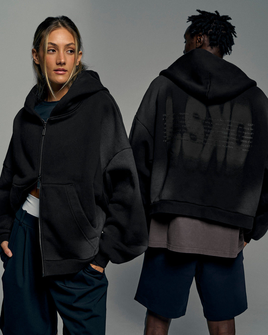 Man wearing Memory in Motion Ultra Heavyweight Zip Thru Hoodie - Black Washed | Model:Both | Size:Duo - view 1