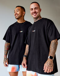 Duo wearing Our Journey Heavyweight Oversized Tee - Black-Rainbow | Model:Both | Size:Duo | Thumbnail Index: 0