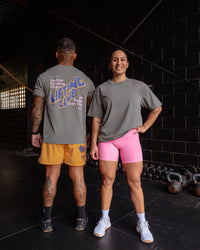 Duo wearing Rise & Lift Washed FLXCotton Oversized Tee - Graphite-Purple Opulence | Model:Both | Sizze:Duo | Thumbnail Index: 0