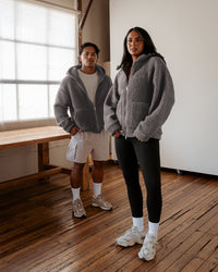 Duo wearing Sherpa Oversized Jacket - Dark Storm | Size:Duo | Thumbnail Index: 0