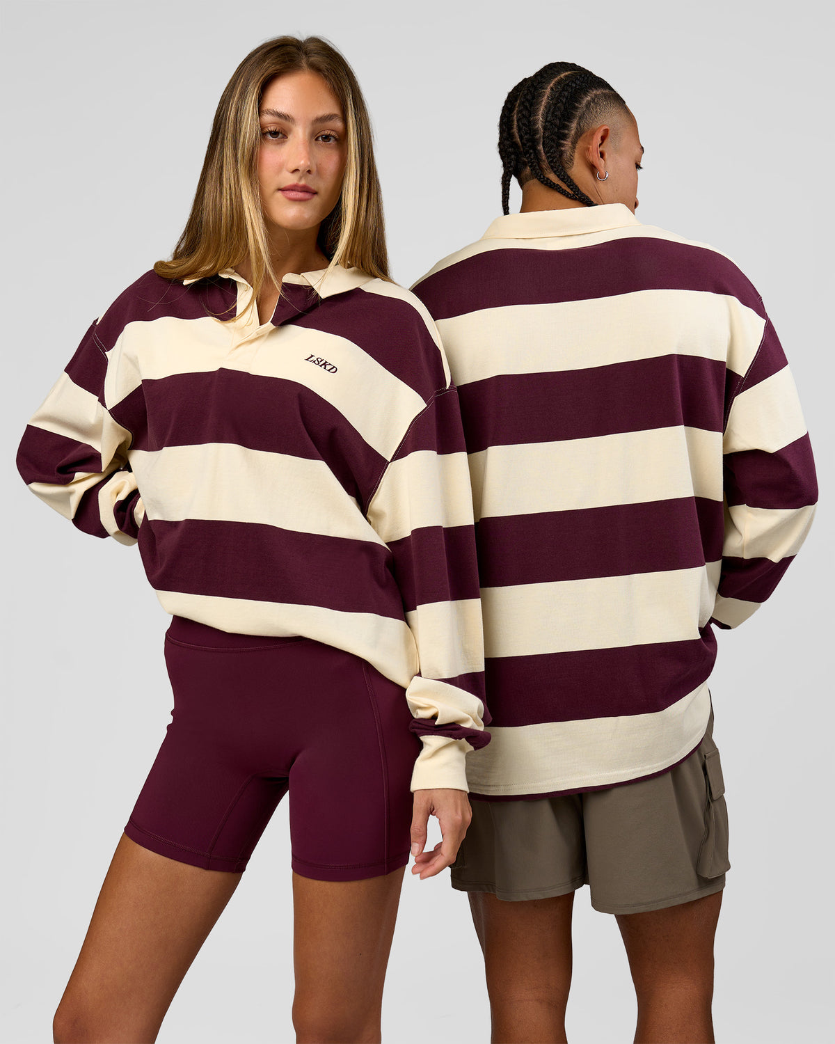 Duo wearing Clubhouse Rugby Polo - Off White-Cherry | Model:Both| Size:Duo