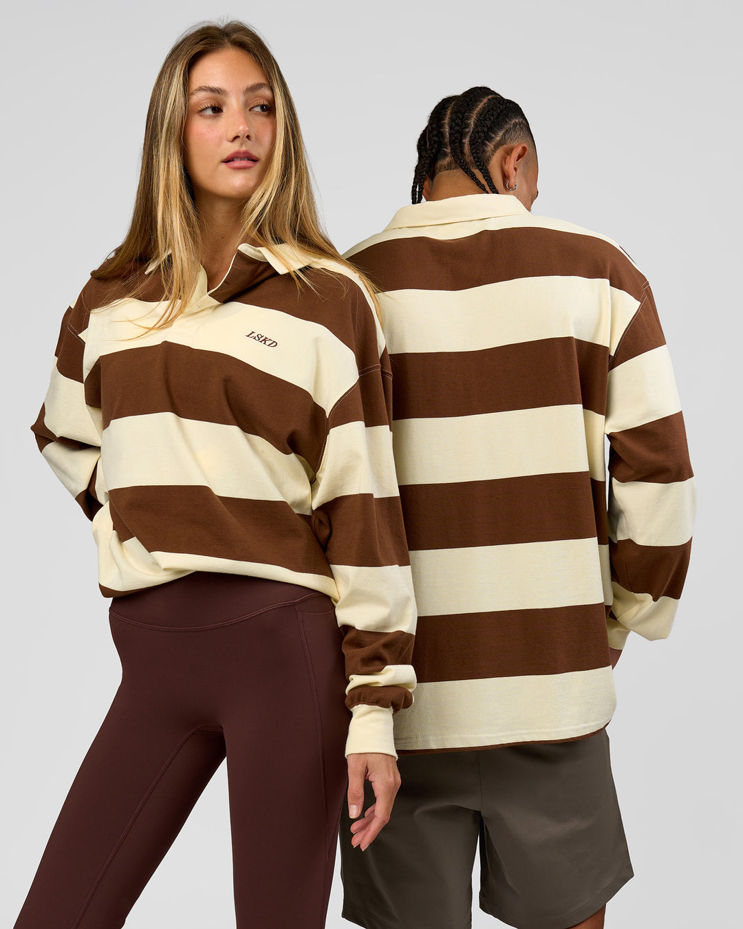 Duo wearing Clubhouse Unisex Polo - Off White-Brown | Model:Both | Size:Duo - view 2