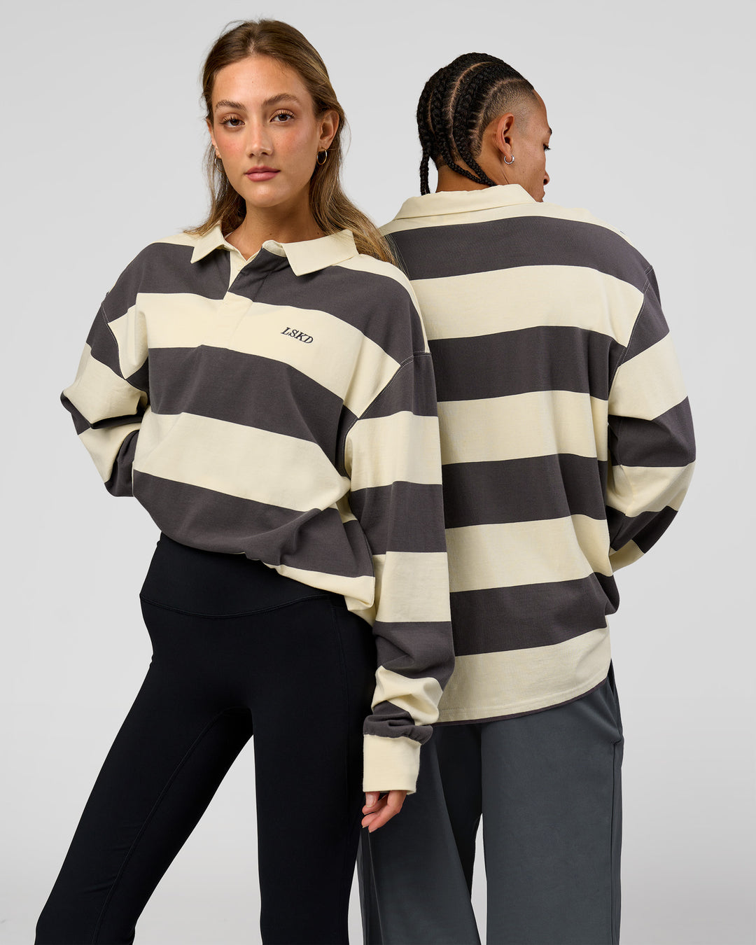 Duo wearing Clubhouse Unisex Rugby Polo - Off White-Grey | Model:Both | Size:Duo - view 1