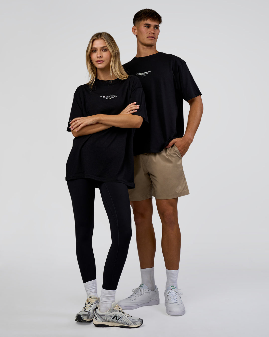 Duo wearing 1% Better Every Day EST FLXCotton Oversized Tee - Black | Model:Both | Size:Duo - view 1