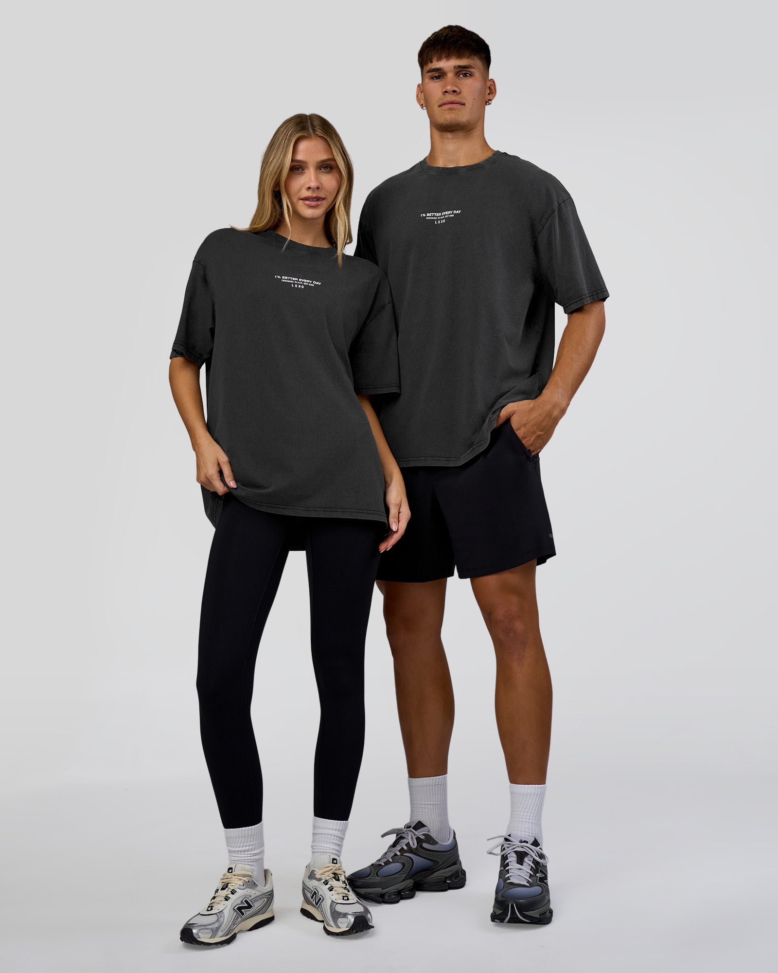 Duo wearing 1% Better Every Day EST FLXCotton Oversized Tee - Black Washed | Model:Both | Size:Duo