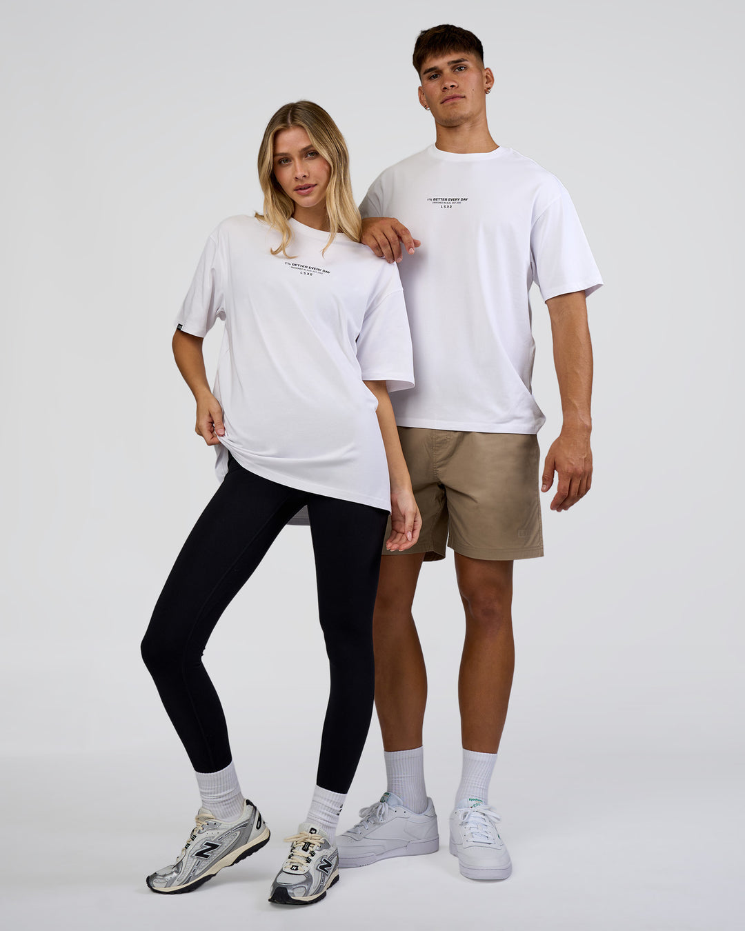 Duo wearing 1% Better Every Day EST FLXCotton Oversized Tee - White | Model:Both | Size:Duo - view 1